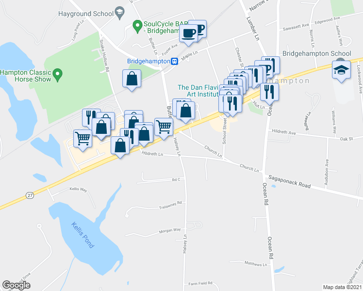 map of restaurants, bars, coffee shops, grocery stores, and more near 35 Halsey Lane in Water Mill