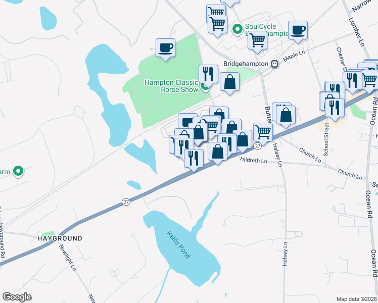map of restaurants, bars, coffee shops, grocery stores, and more near 2044 Montauk Highway in Water Mill