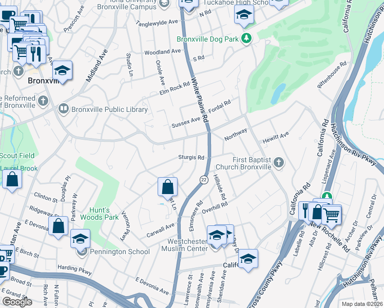 map of restaurants, bars, coffee shops, grocery stores, and more near 43 Sturgis Road in Bronxville
