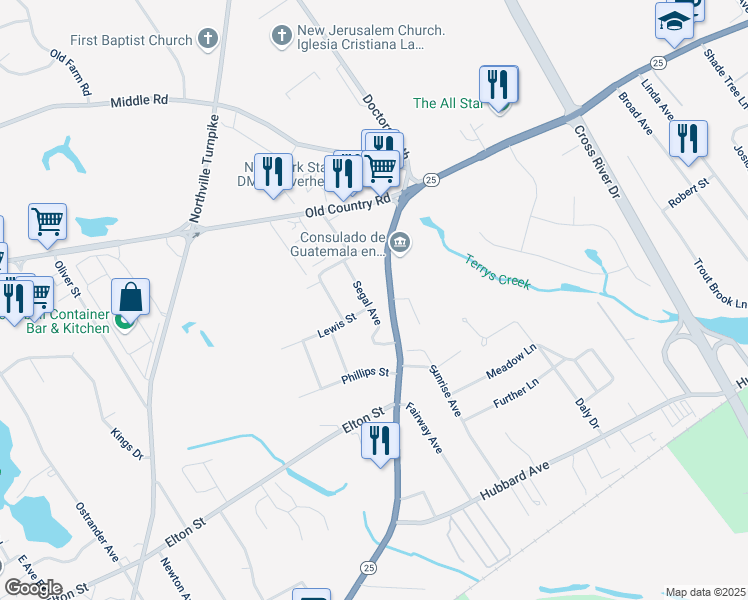 map of restaurants, bars, coffee shops, grocery stores, and more near 41 Segal Avenue in Riverhead