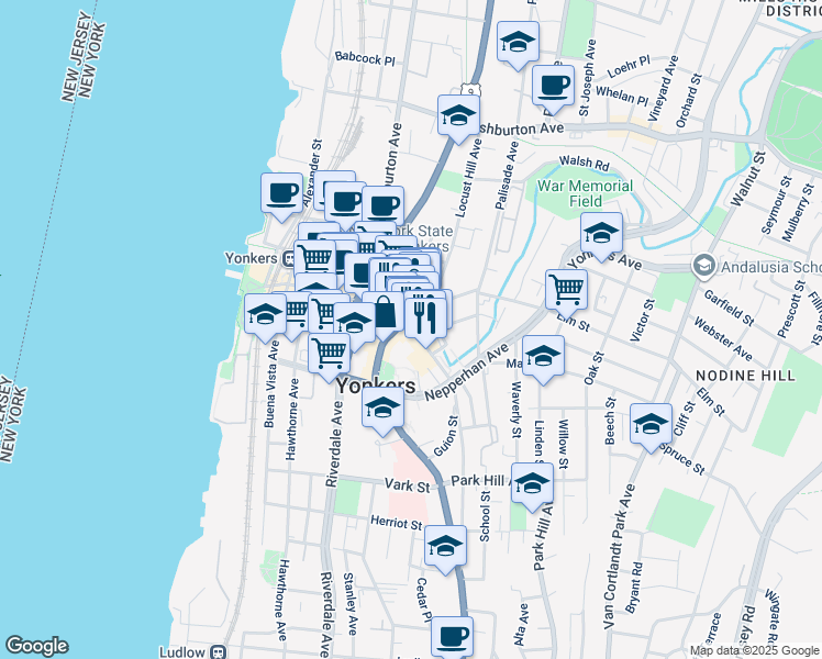 map of restaurants, bars, coffee shops, grocery stores, and more near 90 New Main Street in Yonkers