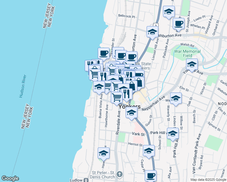 map of restaurants, bars, coffee shops, grocery stores, and more near 44 Hudson Street in Yonkers