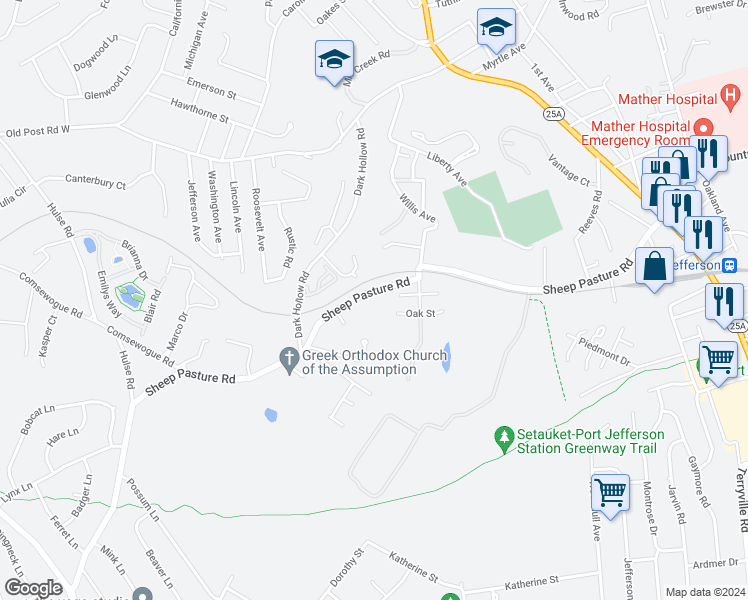 map of restaurants, bars, coffee shops, grocery stores, and more near 404 Sheep Pasture Road in Port Jefferson Station