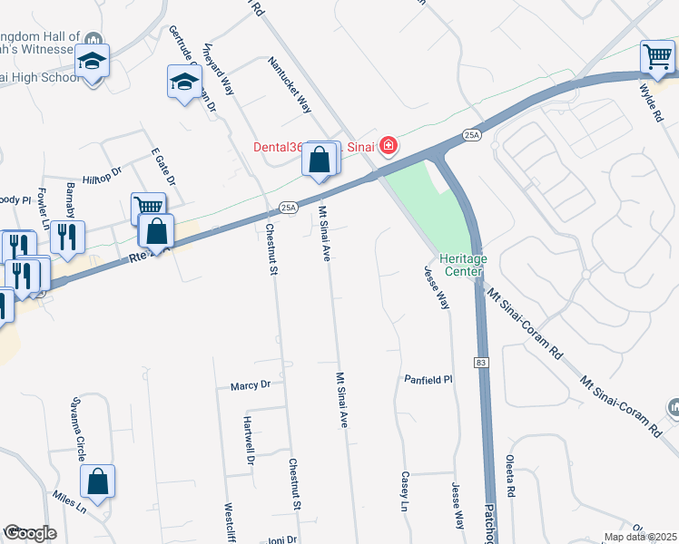 map of restaurants, bars, coffee shops, grocery stores, and more near 27 Mount Sinai Avenue in Mount Sinai