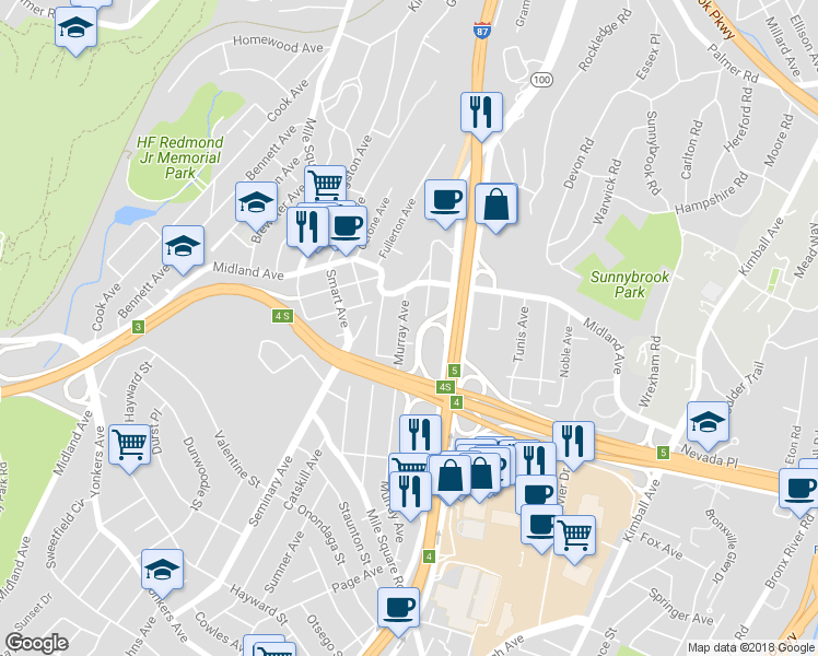 map of restaurants, bars, coffee shops, grocery stores, and more near 203 Murray Avenue in Yonkers