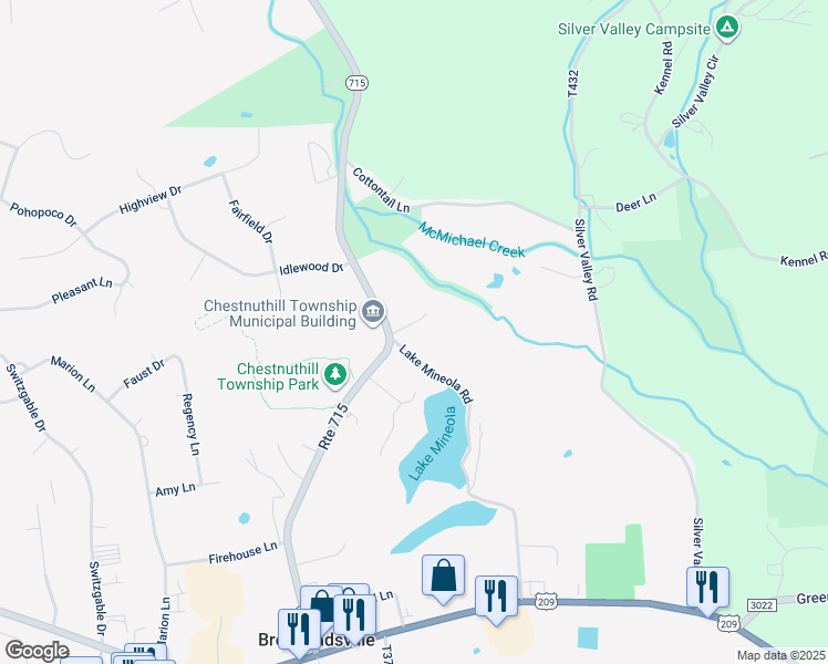 map of restaurants, bars, coffee shops, grocery stores, and more near 106 Bella Drive in Brodheadsville