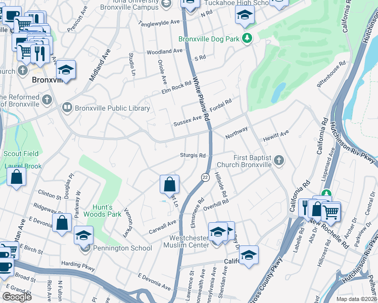 map of restaurants, bars, coffee shops, grocery stores, and more near 43 Sturgis Road in Bronxville
