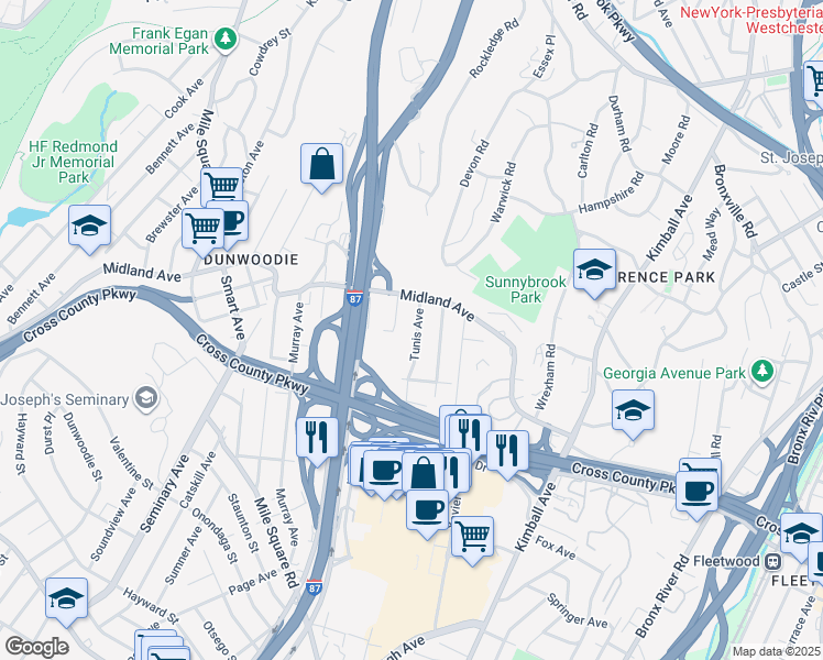 map of restaurants, bars, coffee shops, grocery stores, and more near 60 Tunis Avenue in Yonkers