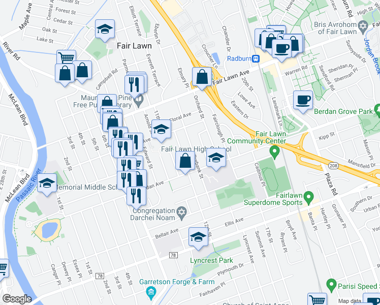 map of restaurants, bars, coffee shops, grocery stores, and more near 12-32 Burbank Street in Fair Lawn