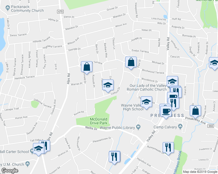 map of restaurants, bars, coffee shops, grocery stores, and more near 11 Corvair Place in Wayne