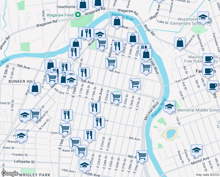 map of restaurants, bars, coffee shops, grocery stores, and more near 328 5th Avenue in Paterson