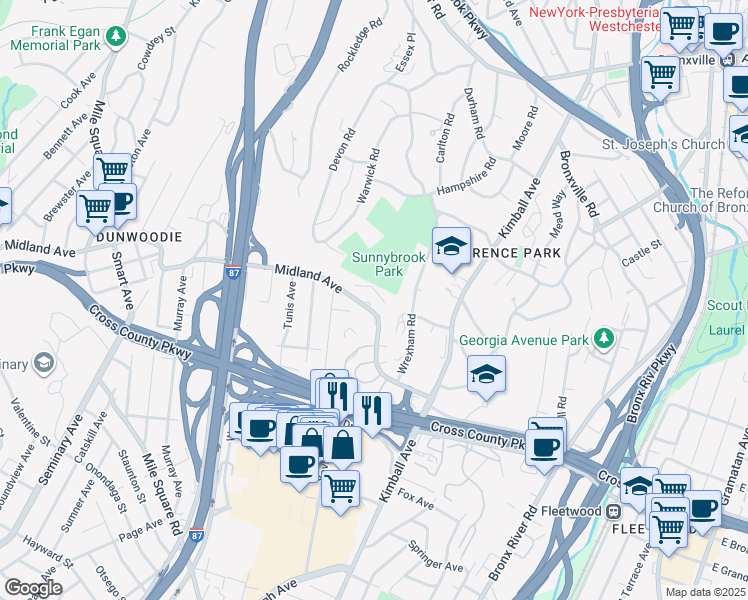 map of restaurants, bars, coffee shops, grocery stores, and more near 1133 Midland Avenue in Yonkers