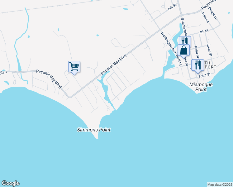map of restaurants, bars, coffee shops, grocery stores, and more near 28 Bayside Avenue in Riverhead