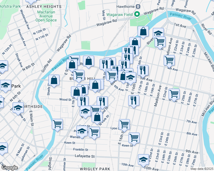 map of restaurants, bars, coffee shops, grocery stores, and more near 199 6th Avenue in Paterson