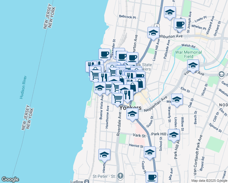 map of restaurants, bars, coffee shops, grocery stores, and more near 7 Hawthorne Avenue in Yonkers