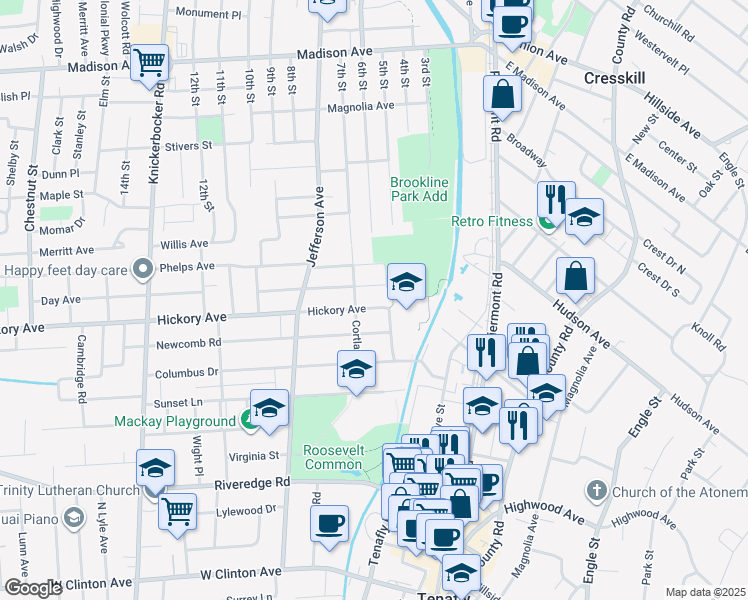 map of restaurants, bars, coffee shops, grocery stores, and more near 125 Hickory Avenue in Tenafly