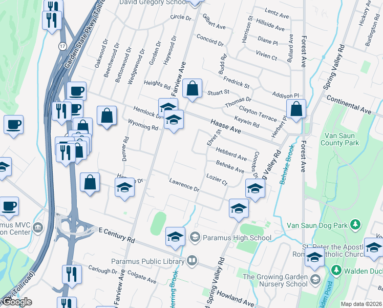 map of restaurants, bars, coffee shops, grocery stores, and more near 225 Bogert Place in Paramus