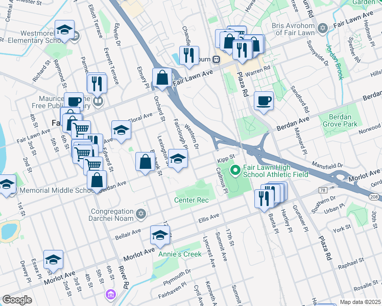 map of restaurants, bars, coffee shops, grocery stores, and more near 15-15 Berdan Avenue in Fair Lawn