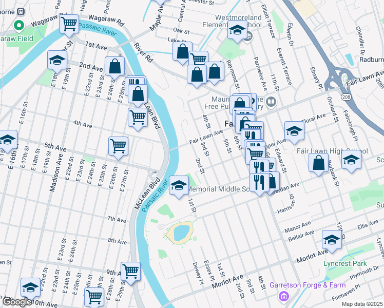 map of restaurants, bars, coffee shops, grocery stores, and more near 13-23 2nd Street in Fair Lawn