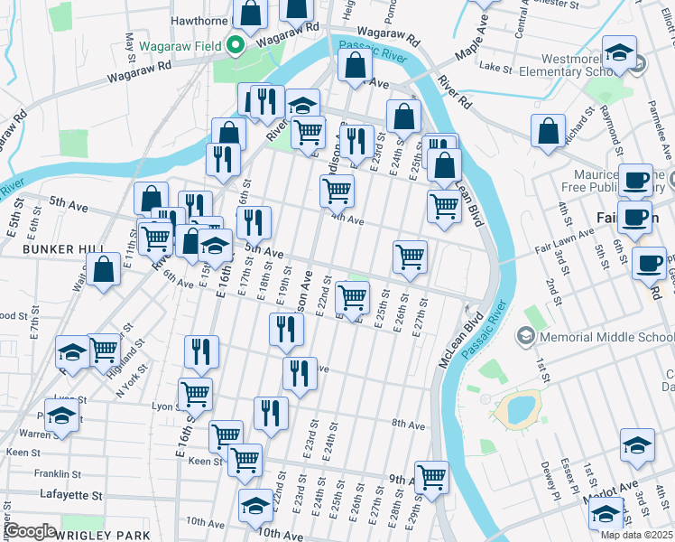 map of restaurants, bars, coffee shops, grocery stores, and more near 328 5th Avenue in Paterson
