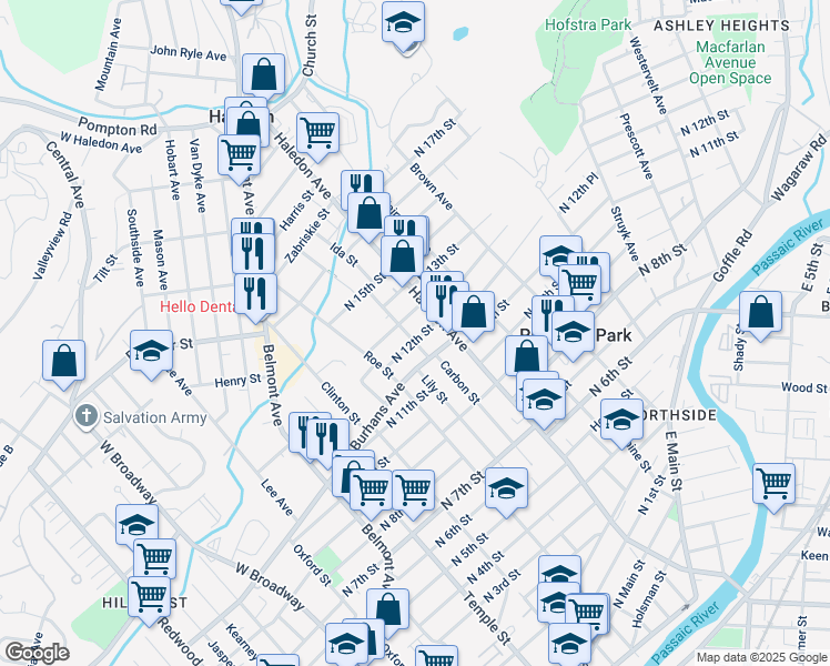 map of restaurants, bars, coffee shops, grocery stores, and more near 16 North 12th Street in Haledon