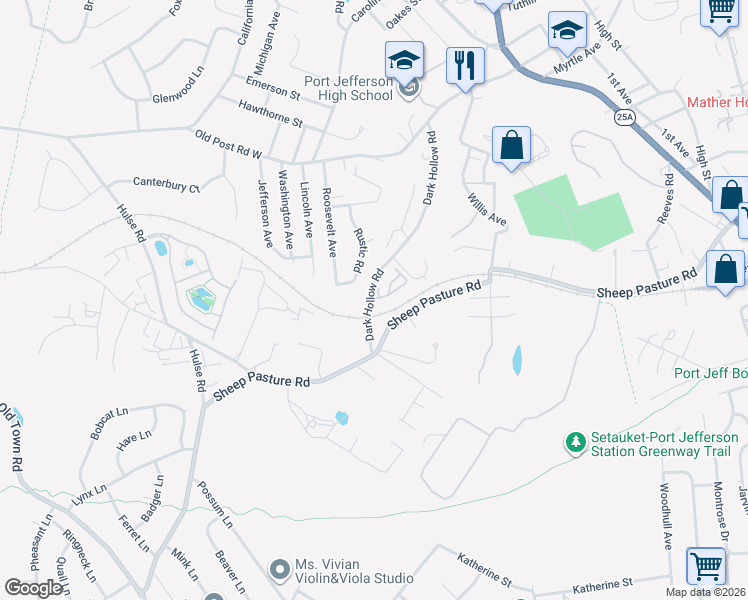 map of restaurants, bars, coffee shops, grocery stores, and more near 3 Pinnacle Drive in Port Jefferson