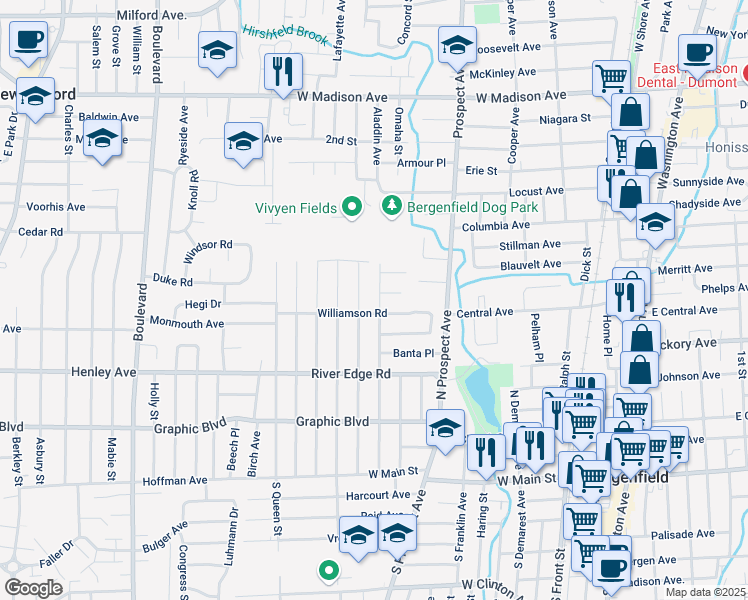 map of restaurants, bars, coffee shops, grocery stores, and more near 190 Ames Avenue in Bergenfield