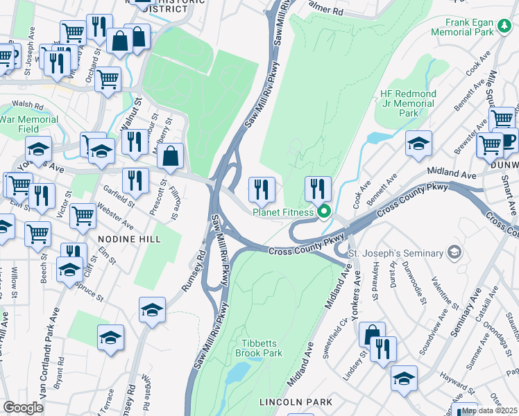 map of restaurants, bars, coffee shops, grocery stores, and more near 12 Fox Terrace in Yonkers
