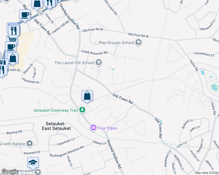 map of restaurants, bars, coffee shops, grocery stores, and more near 213 Old Town Road in Setauket- East Setauket