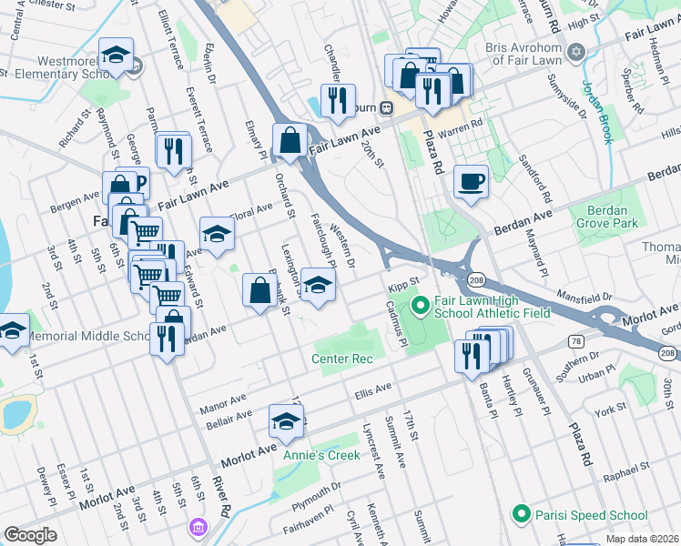 map of restaurants, bars, coffee shops, grocery stores, and more near 15-15 Berdan Avenue in Fair Lawn