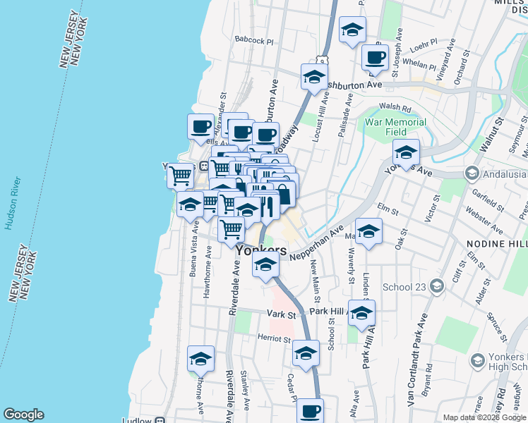 map of restaurants, bars, coffee shops, grocery stores, and more near 1 Hudson Street in Yonkers