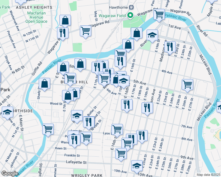 map of restaurants, bars, coffee shops, grocery stores, and more near 236 6th Avenue in Paterson