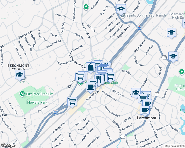 map of restaurants, bars, coffee shops, grocery stores, and more near 17 North Chatsworth Avenue in Larchmont