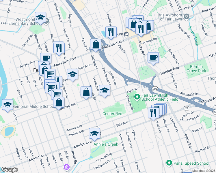 map of restaurants, bars, coffee shops, grocery stores, and more near 12-12 Fairclough Place in Fair Lawn