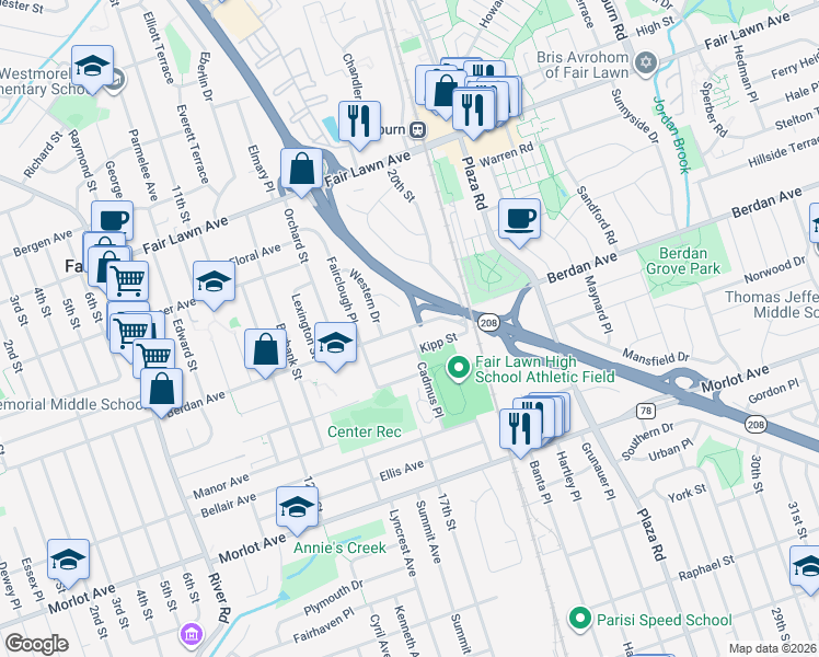 map of restaurants, bars, coffee shops, grocery stores, and more near Berdan Avenue & Cadmus Place in Fair Lawn