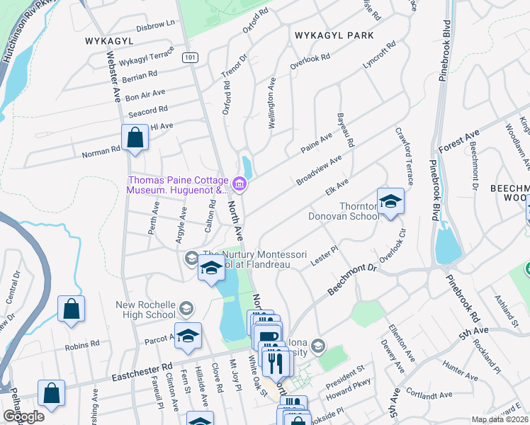 map of restaurants, bars, coffee shops, grocery stores, and more near 67 Broadview Avenue in New Rochelle