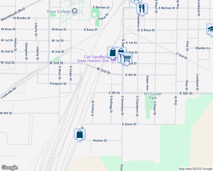 map of restaurants, bars, coffee shops, grocery stores, and more near 268 East Prospect Street in Galesburg