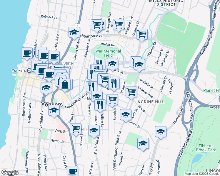 map of restaurants, bars, coffee shops, grocery stores, and more near in Yonkers