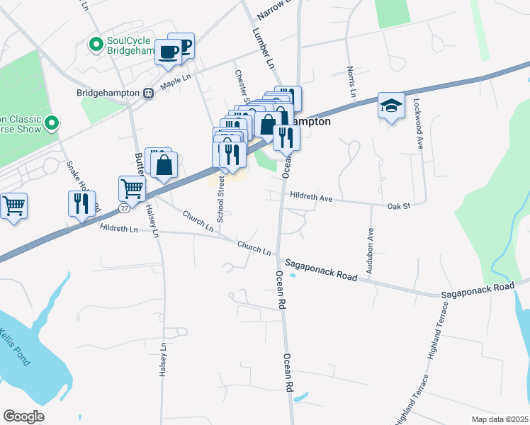 map of restaurants, bars, coffee shops, grocery stores, and more near 148 Ocean Road in East Hampton