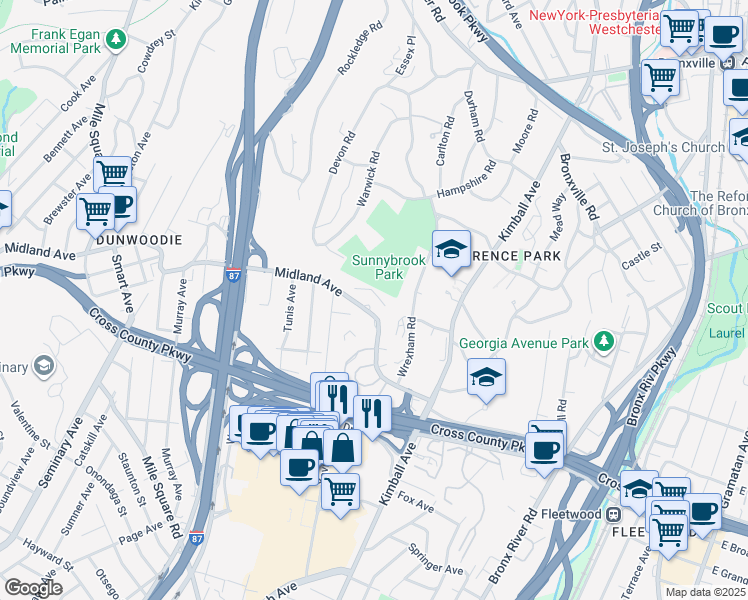 map of restaurants, bars, coffee shops, grocery stores, and more near 1133 Midland Avenue in Bronxville