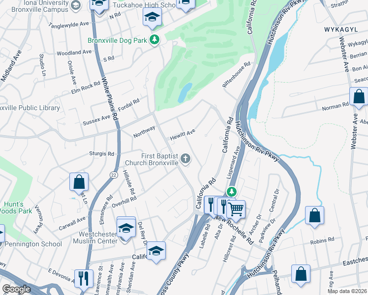 map of restaurants, bars, coffee shops, grocery stores, and more near 29 Hathaway Road in Bronxville