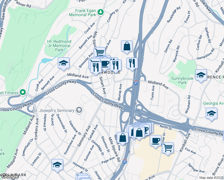map of restaurants, bars, coffee shops, grocery stores, and more near 100 University Avenue in Yonkers