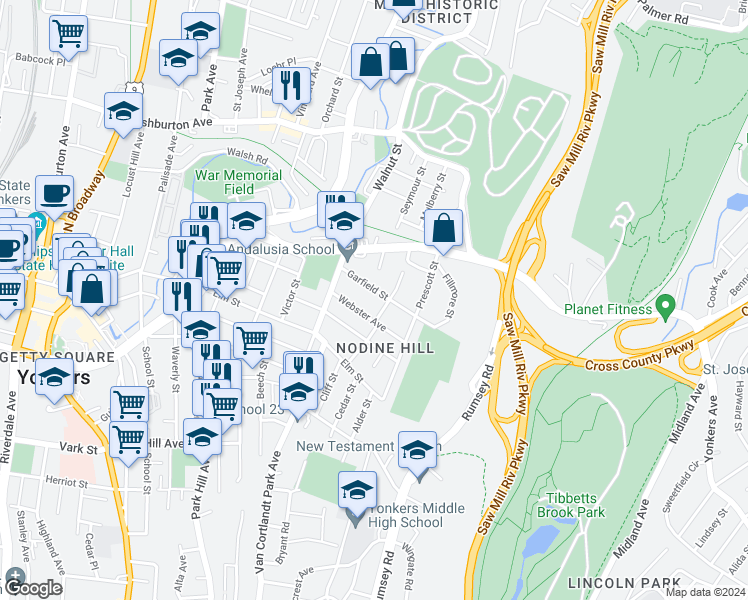 map of restaurants, bars, coffee shops, grocery stores, and more near 129 Webster Avenue in Yonkers