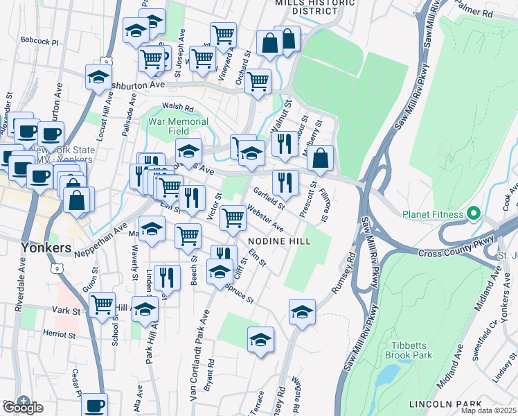 map of restaurants, bars, coffee shops, grocery stores, and more near 129 Webster Avenue in Yonkers