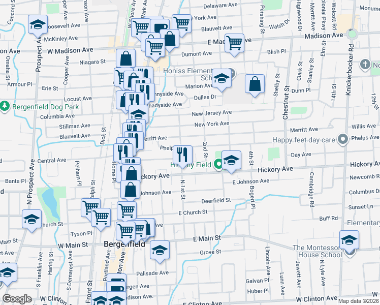 map of restaurants, bars, coffee shops, grocery stores, and more near 12 McKinley Place in Bergenfield
