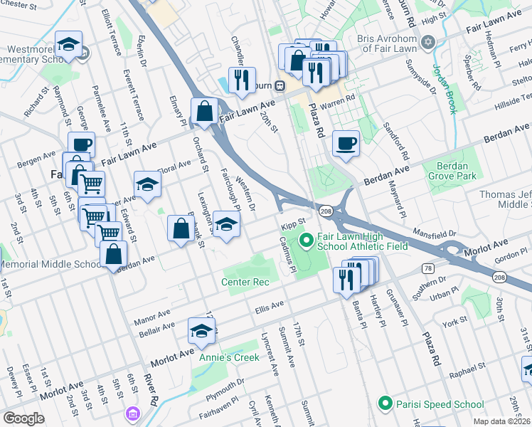 map of restaurants, bars, coffee shops, grocery stores, and more near in Fair Lawn