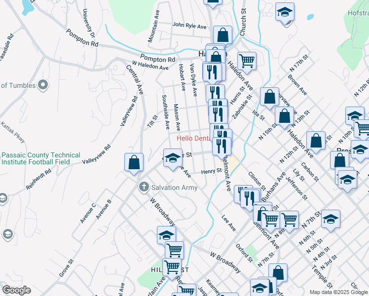 map of restaurants, bars, coffee shops, grocery stores, and more near 61 Passaic County 658 in Haledon