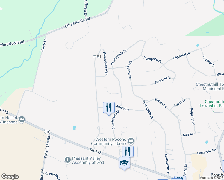 map of restaurants, bars, coffee shops, grocery stores, and more near 116 Edgewood Drive in Brodheadsville