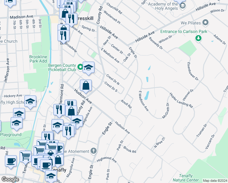 map of restaurants, bars, coffee shops, grocery stores, and more near 38 Crest Dr S in Cresskill