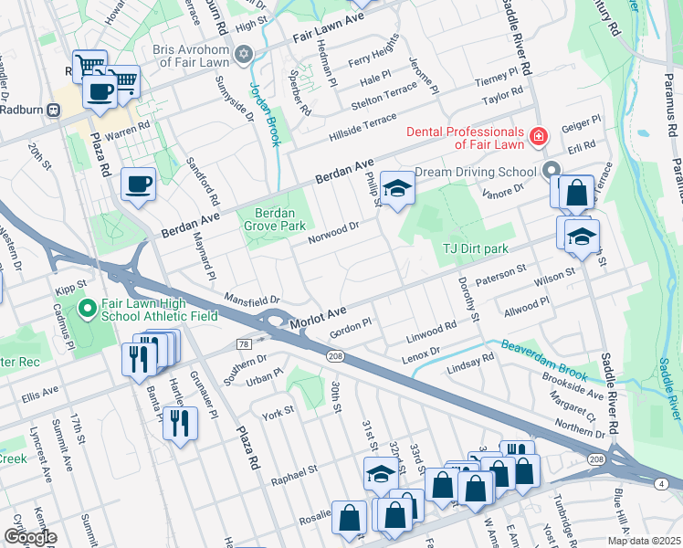 map of restaurants, bars, coffee shops, grocery stores, and more near 14 Van Saun Place in Fair Lawn